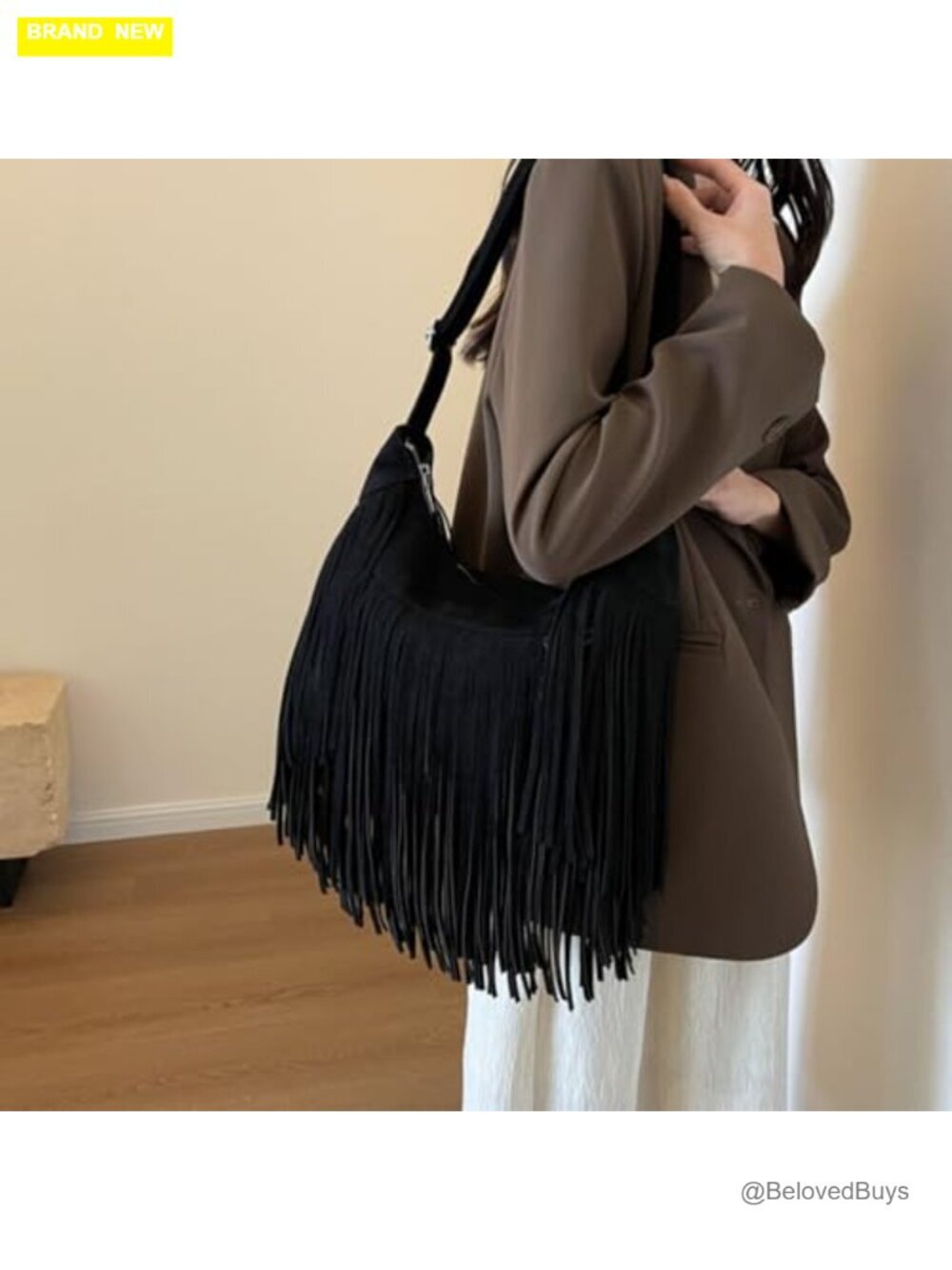 Vintage Suede Fringe Hobo Bag Tote Shoulder Crossbody Purse - Picture 2 of 7